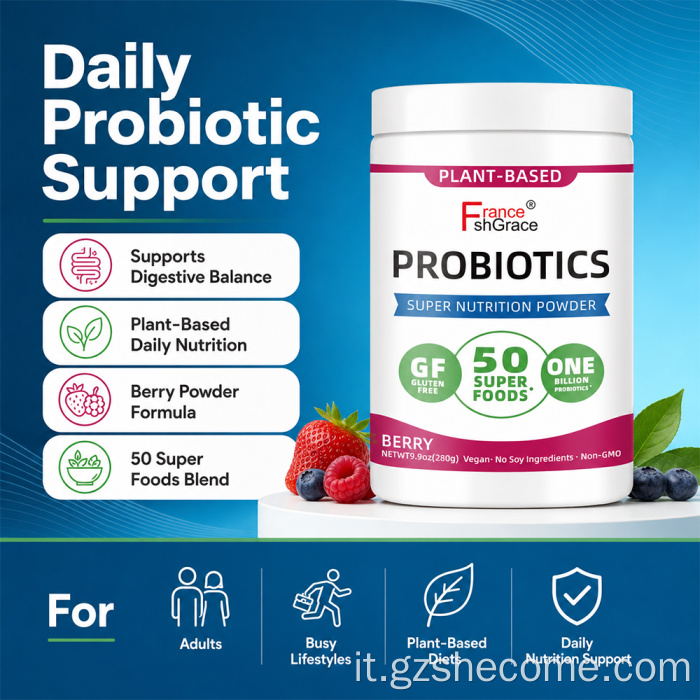 Supporto immunitario in polvere di probiotici vegetali verdi biologici